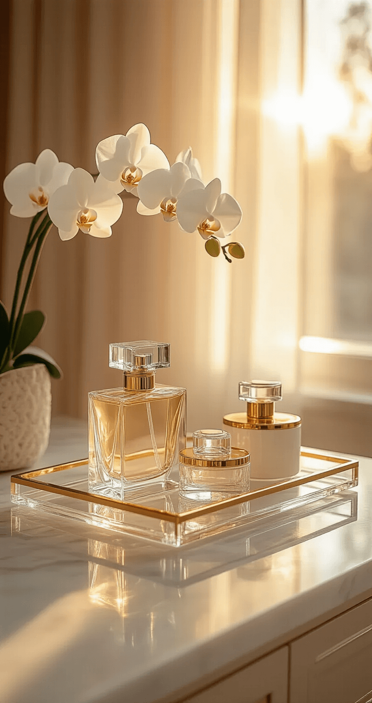 Bathroom Tray Decor: Transforming Clutter into Chic Organization Luxurious guest bathroom at golden hour with a marble vanity featuring an acrylic tray with gold trim adorned with crystal perfume bottles, a white orchid, and gold-trimmed accessories, bathed in soft blush, cream, and gold tones, with light streaming through sheer curtains and lens flare effects.