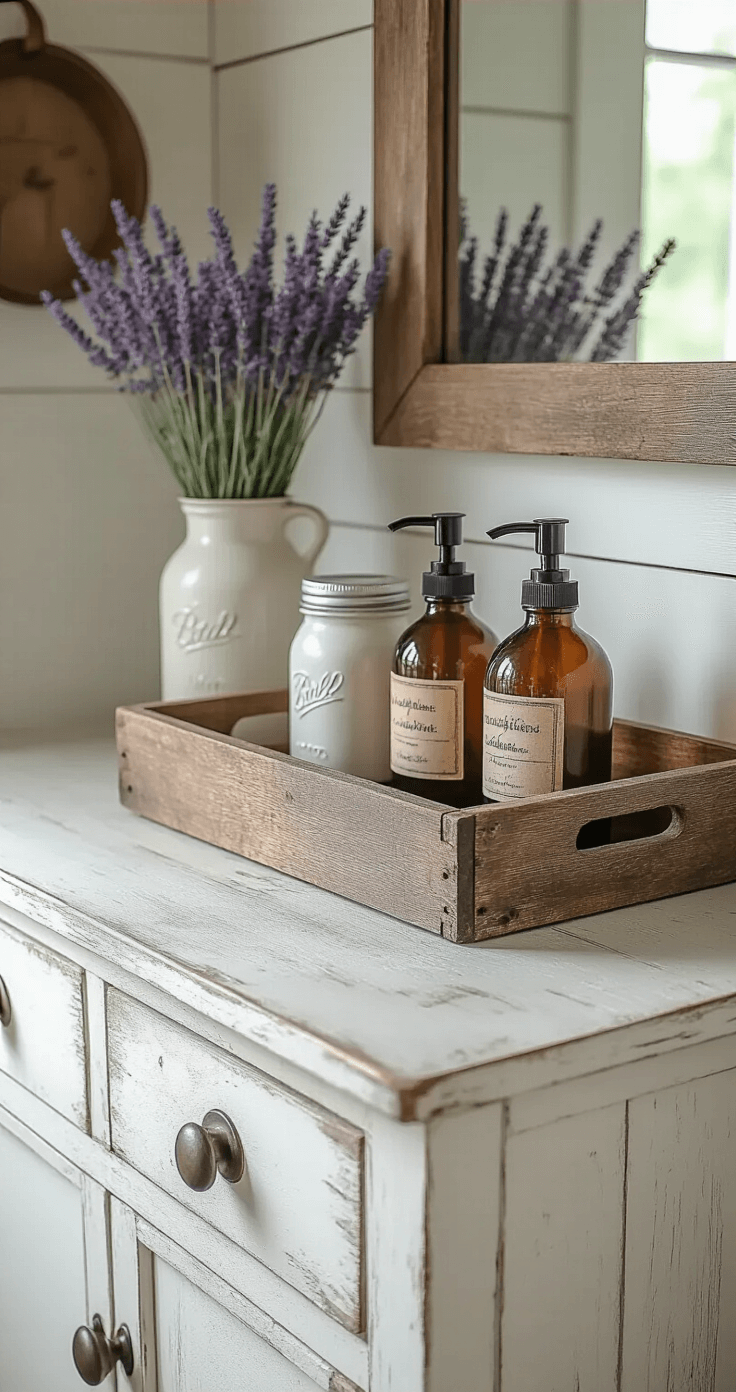 Bathroom Tray Decor: Transforming Clutter into Chic Organization A rustic farmhouse bathroom featuring a whitewashed vanity with an antique wooden tray holding mason jar dispensers, fresh lavender, and vintage apothecary bottles, all accented with weathered woods and creamy whites, captured in warm natural light.