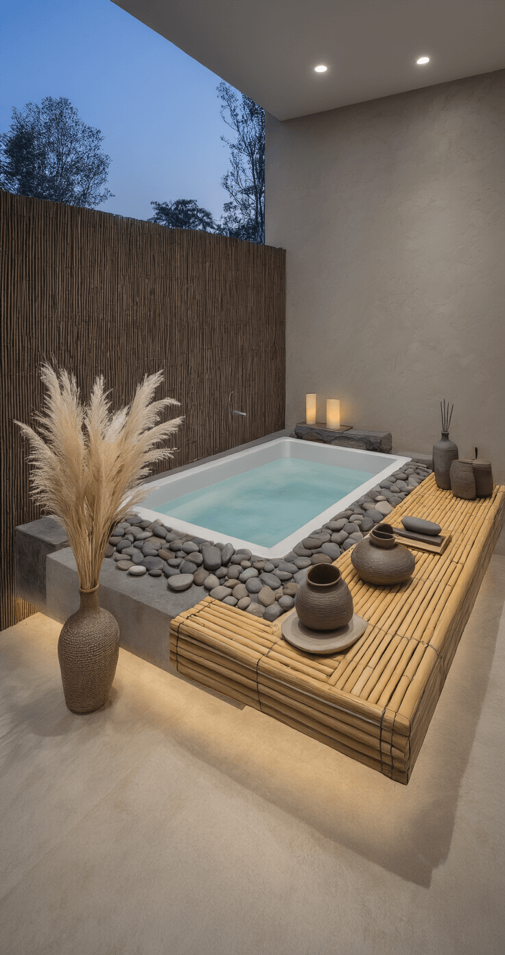 Bathroom Tray Decor: Transforming Clutter into Chic Organization A serene modern spa-inspired bathroom at dusk, featuring a large bamboo tray over a contemporary soaking tub, adorned with river stones, dried pampas grass, and minimalist ceramic containers, all set in a 15x20ft space with earth tones and natural textures, captured from an overhead drone perspective.