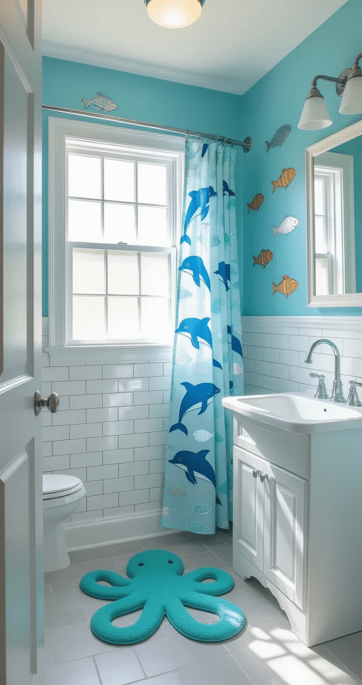 Creating a Magical Kids' Bathroom: Fun, Safe, and Stylish Decor Ideas A cheerful underwater-themed kids' bathroom featuring aqua blue walls with iridescent fish decals, white subway tile wainscoting, and a curved shower curtain with playful dolphins. Chrome fixtures and a kid-height white porcelain sink with a coral-shaped faucet are featured. A teal octopus bath mat is centered on light gray tile flooring, with afternoon sunlight streaming through a frosted window, creating a bright and inviting atmosphere.