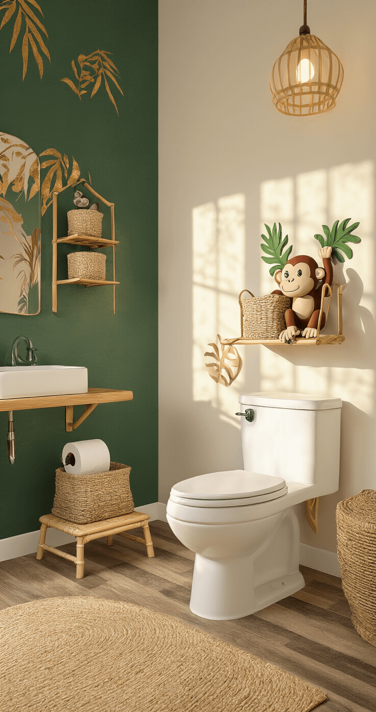 Creating a Magical Kids' Bathroom: Fun, Safe, and Stylish Decor Ideas A modern jungle-themed kids' bathroom featuring a forest green accent wall with gold leaf palm fronds, warm ivory walls, textured wood-look vinyl flooring, floating bamboo shelves with eco-friendly baskets, monkey-themed toilet paper holder, leaf-shaped towel hooks at child height, and a woven rattan step stool by the sink, captured during golden hour with dramatic shadows from pendant lighting.