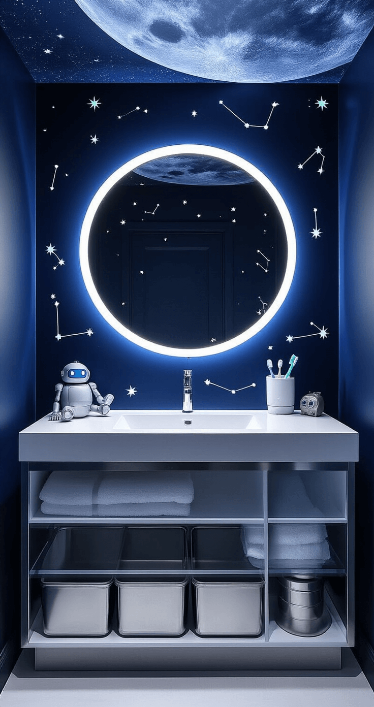 Creating a Magical Kids' Bathroom: Fun, Safe, and Stylish Decor Ideas A space-themed kids' bathroom with deep navy walls adorned with glow-in-the-dark star decals, featuring sleek white fixtures, an LED-lit floating vanity, a Saturn-shaped mirror, metallic storage containers, and a robot-themed toothbrush holder, all captured at dusk with moody blue undertones.