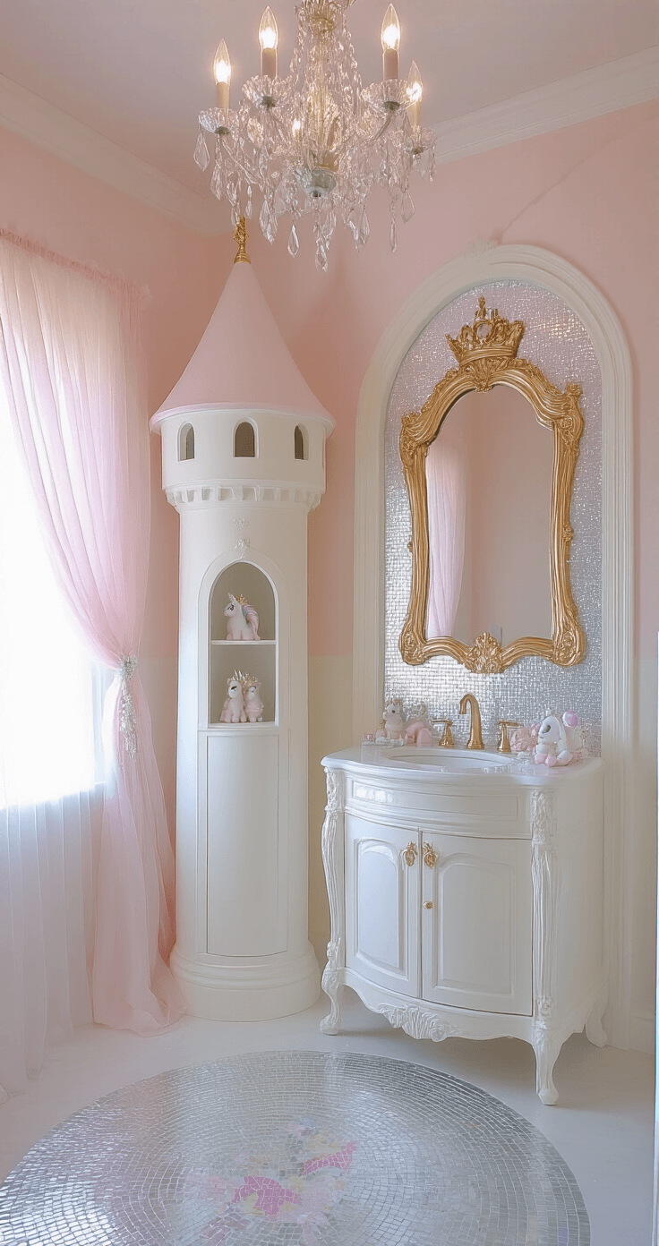 Creating a Magical Kids' Bathroom: Fun, Safe, and Stylish Decor Ideas A whimsical fairytale castle bathroom featuring pale pink ombré walls with silver glitter, a crystal chandelier, a white princess tower cabinet, an ornate gold-framed mirror, tulle curtain swags, a pearlescent mosaic tile floor, and unicorn-themed accessories, all bathed in soft morning light.
