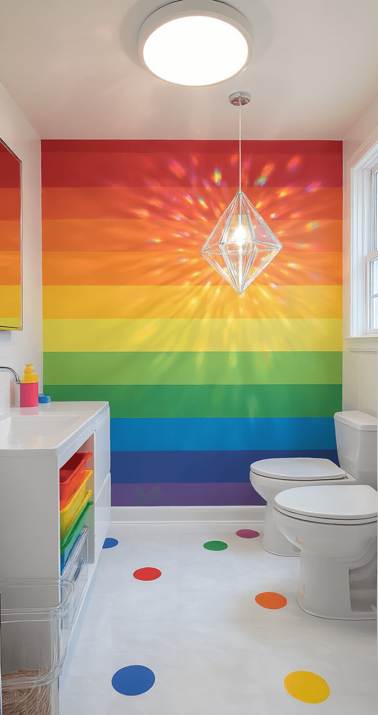 Creating a Magical Kids' Bathroom: Fun, Safe, and Stylish Decor Ideas A vibrant kids' bathroom featuring horizontal rainbow stripes on a focal wall, clean white walls, contemporary white fixtures with colorful silicone accessories, clear acrylic storage cubes with color-coded items, and a white tile floor adorned with multi-colored non-slip dots. A prism in the window casts dancing rainbow spots, creating a fresh and energetic atmosphere.