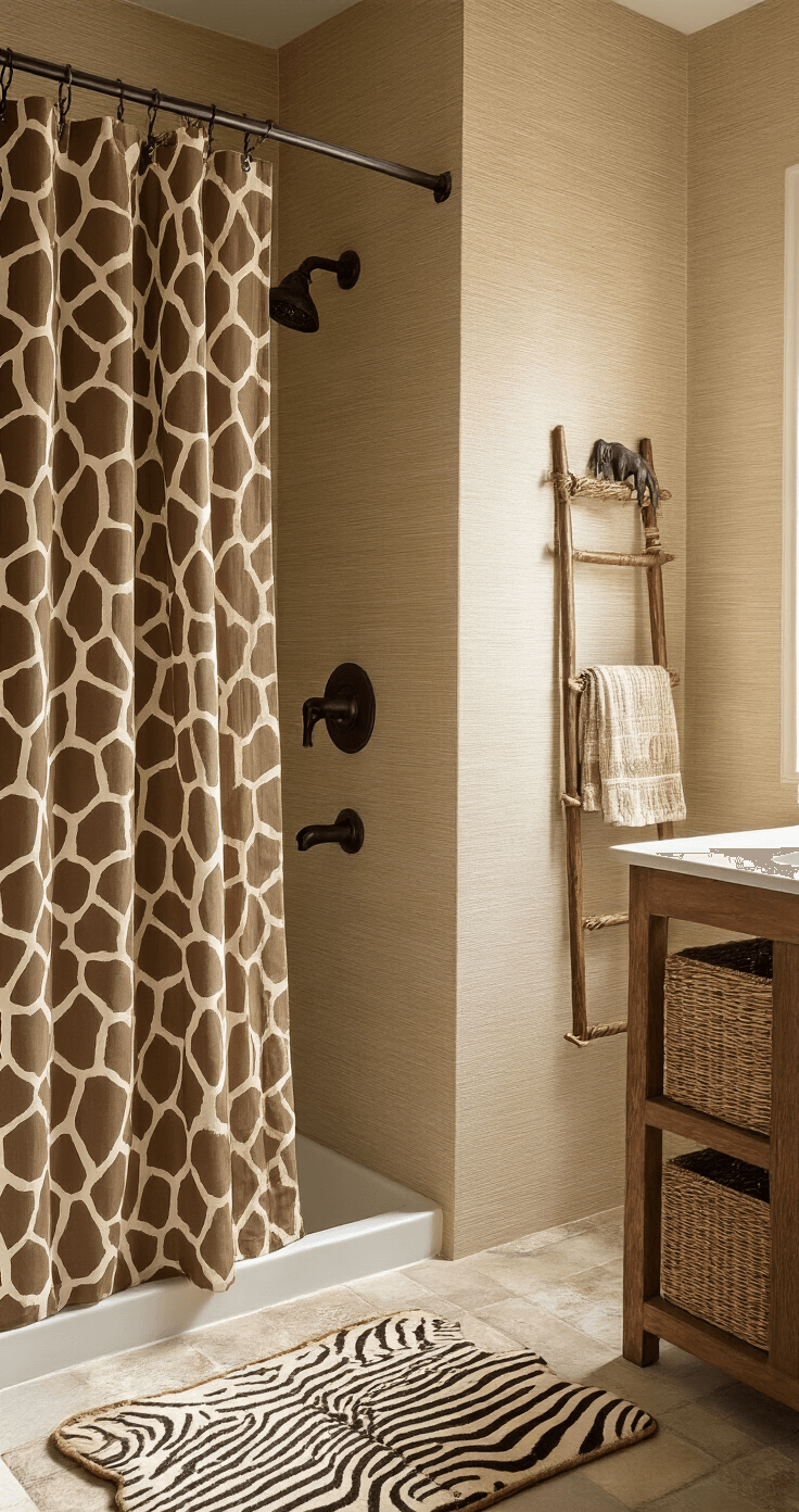 Creating a Magical Kids' Bathroom: Fun, Safe, and Stylish Decor Ideas A safari-themed bathroom featuring textured grasscloth wallpaper, a giraffe-print shower curtain, a wooden ladder towel rack, woven basket storage, bronze elephant-detailed fixtures, and a faux zebra hide bath mat on stone-look tile, captured in warm afternoon light from a corner angle that highlights the textures and depth.