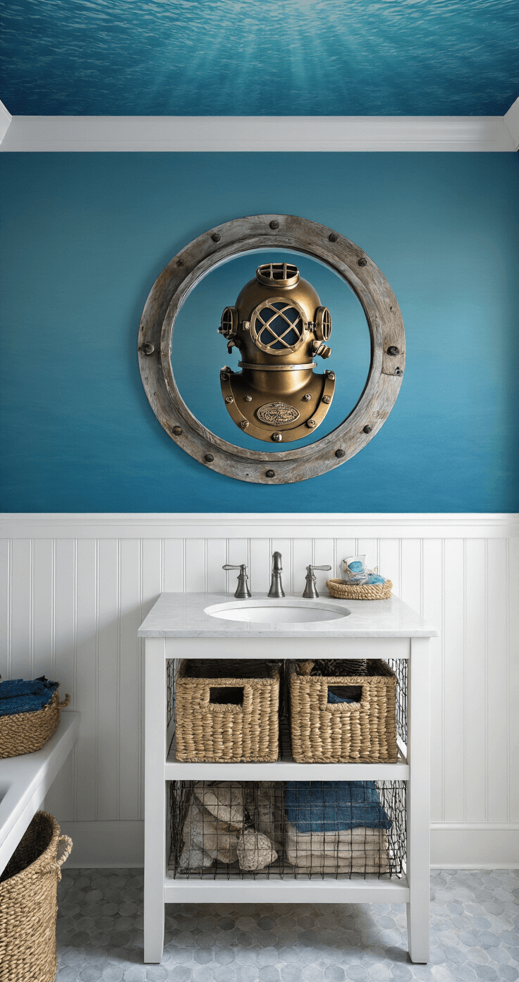 Creating a Magical Kids' Bathroom: Fun, Safe, and Stylish Decor Ideas Bathroom designed for an ocean explorer theme, featuring graduated blue wall paint, a porthole mirror, weathered wood accents, and vintage dive helmet decor, with nautical chart wallpaper on the ceiling, all illuminated by soft, diffused sunrise lighting that enhances the underwater atmosphere.