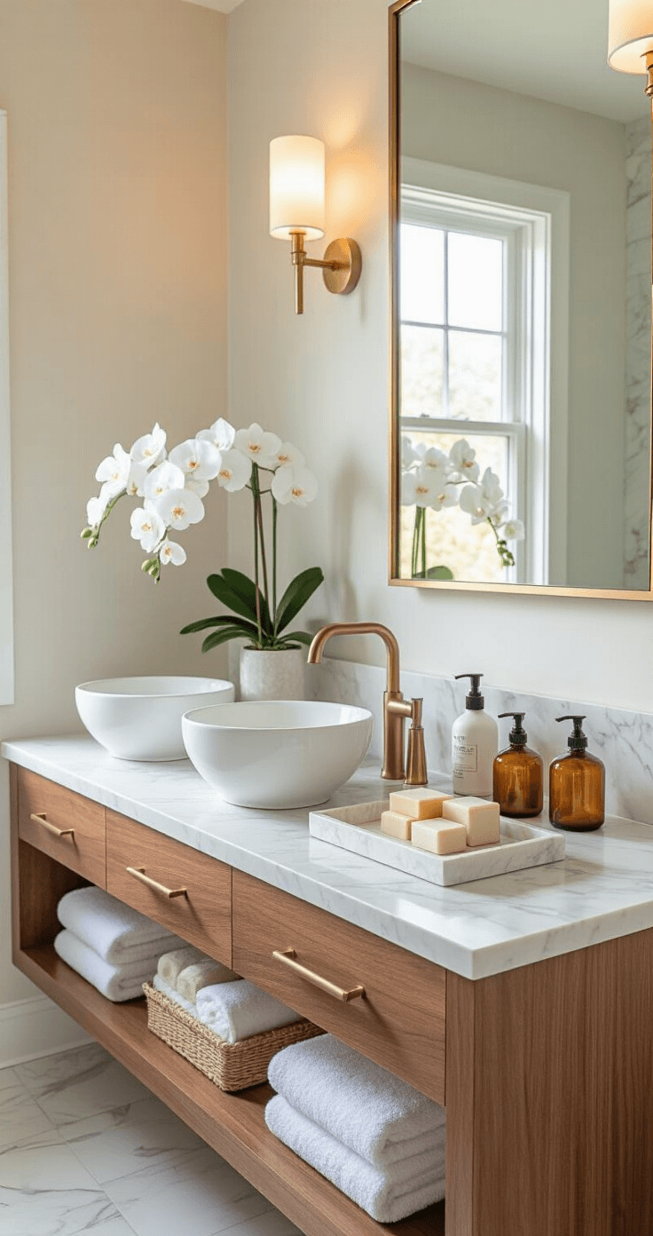 A sunlit modern bathroom featuring a floating walnut vanity with double vessel sinks, marble countertops, and brass fixtures. Organized essentials in lucite trays, fresh white orchids, and amber glass containers are stylishly arranged. A large frameless mirror reflects natural light from a window, complemented by LED sconces. The color palette includes whites, warm woods, and brushed gold accents.