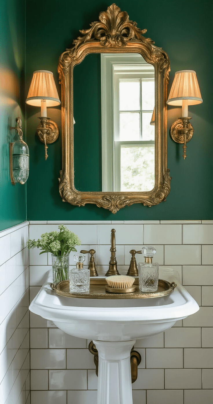 Low-angle view of a vintage-inspired powder room featuring a 1920s pedestal sink and ornate gilt mirror, illuminated by warm wall sconces, with emerald green walls, white subway tile, and decorative elements like antique brass trays and preserved botanicals.