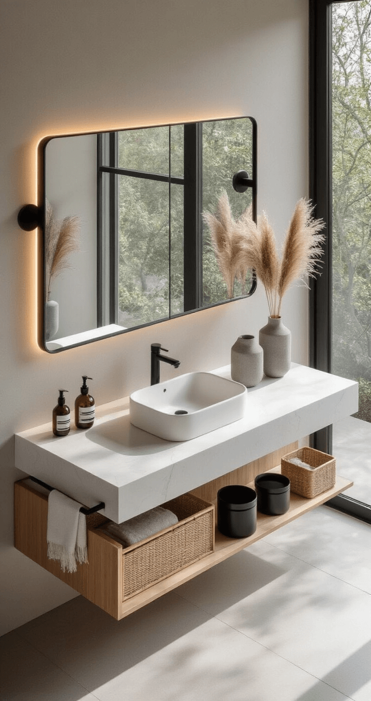 Bird's eye view of a minimalist bathroom featuring a floating vanity with white quartz countertops, matte black fixtures, and three geometric concrete vessels with dried pampas grass, set in a contemporary space with floor-to-ceiling windows and hidden LED strip lighting, highlighting sharp shadows and architectural details.