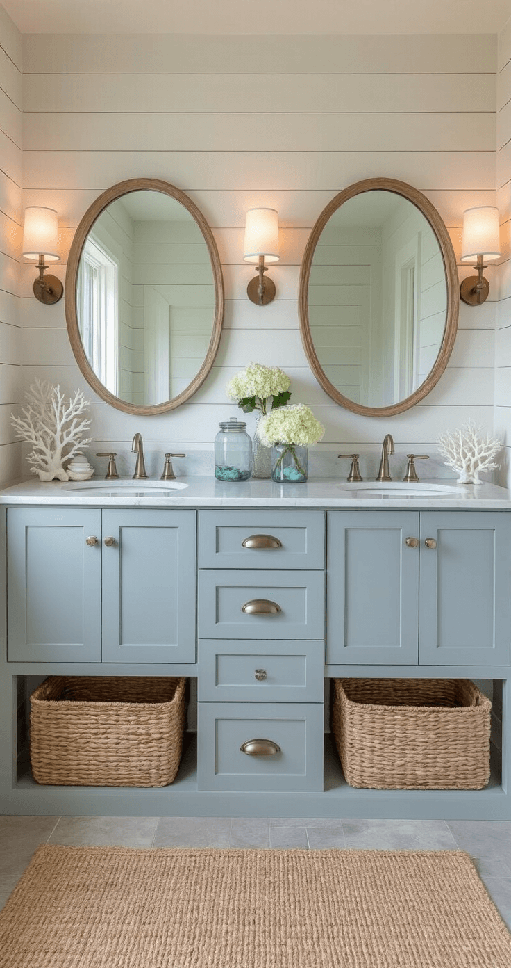 Coastal-inspired double vanity in a spacious ensuite, featuring pale blue-grey cabinetry, honed marble countertops, woven seagrass baskets, oval mirrors with frosted glass sconces, and decor including white coral, sea glass, and hydrangeas, all illuminated by soft dawn light.