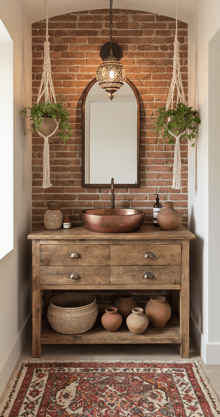 A cozy bohemian bathroom corner featuring a reclaimed wood vanity with a hammered copper sink, surrounded by an exposed brick wall. Macramé plant hangers frame an arched mirror, and a vintage kilim runner adds color. Earthenware pottery holds beauty essentials, while a Moroccan lantern casts intricate shadows in the warm dusk light. Rich jewel tones and natural materials create a layered aesthetic.