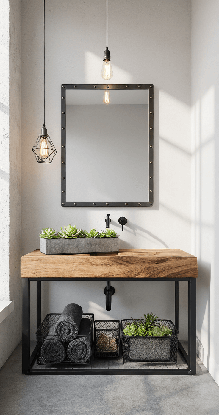 Industrial modern bathroom featuring a black steel frame vanity with a thick floating wood slab counter, a factory-style mirror with riveted edges, and metal mesh baskets with rolled charcoal towels, set against concrete floors. A geometric succulent garden adds greenery, while a pendant light with an Edison bulb casts dramatic shadows, highlighting the raw materials and clean lines.