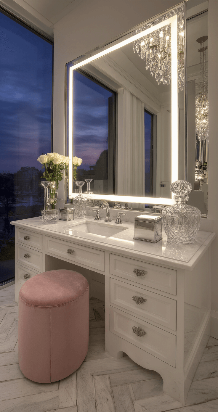 Wide-angle view of a luxurious master vanity at twilight, featuring herringbone marble floors, a custom white lacquered double vanity with quartz waterfall edges, a Hollywood-style mirror with LED lighting, crystal decanters, silver-leafed boxes, fresh white roses in mercury glass, a blush pink velvet stool, and a chandelier casting a soft ambient glow.