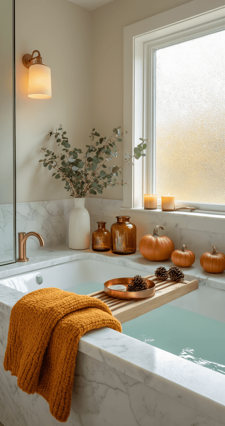 A modern master bathroom featuring white marble countertops with amber glass vessels and rust-colored ceramic pumpkins, bathed in mid-morning light from a frosted window. A freestanding white tub with a burnt orange towel and candles, complemented by eucalyptus branches and pine cones on a copper tray, creates a warm and sophisticated atmosphere.