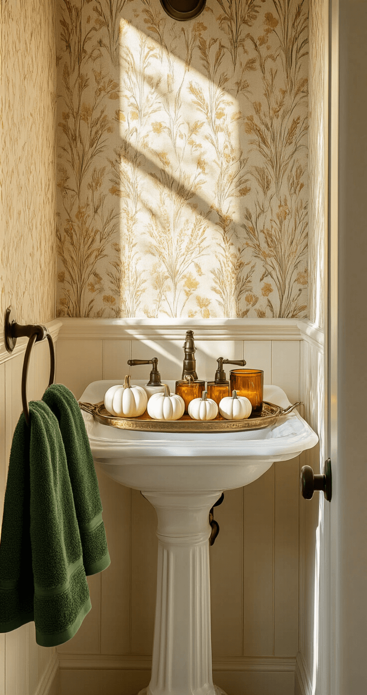 Intimate powder room at golden hour with a vintage pedestal sink, antique brass tray of mini white pumpkins and amber votives, deep green hand towels on an oil-rubbed bronze ring, and textured wheat-pattern wallpaper illuminated by dramatic side lighting, casting long shadows.