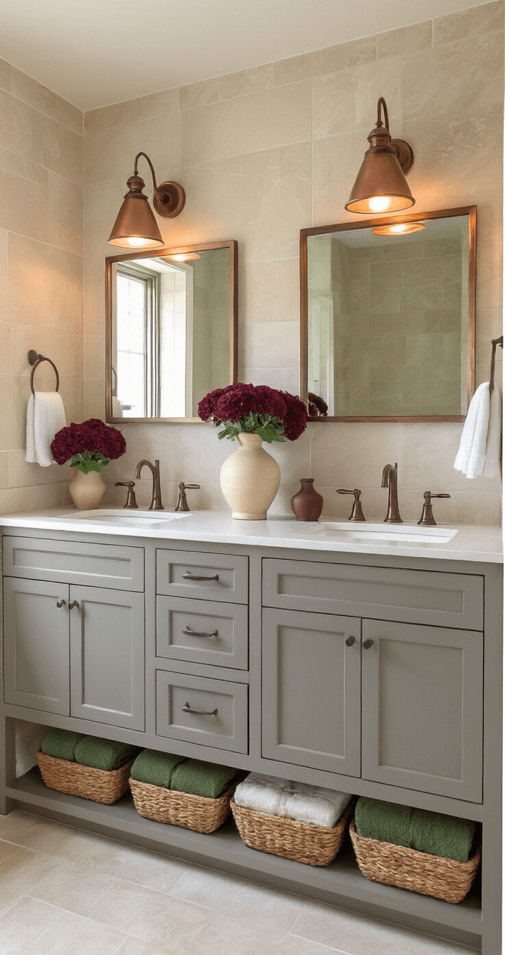 A spacious spa-inspired master bath featuring a double vanity in warm grey, copper lanterns, cream pottery, and burgundy mums, complemented by seagrass baskets filled with forest green towels and large-format limestone tiles, illuminated by natural light and hidden LED strips.