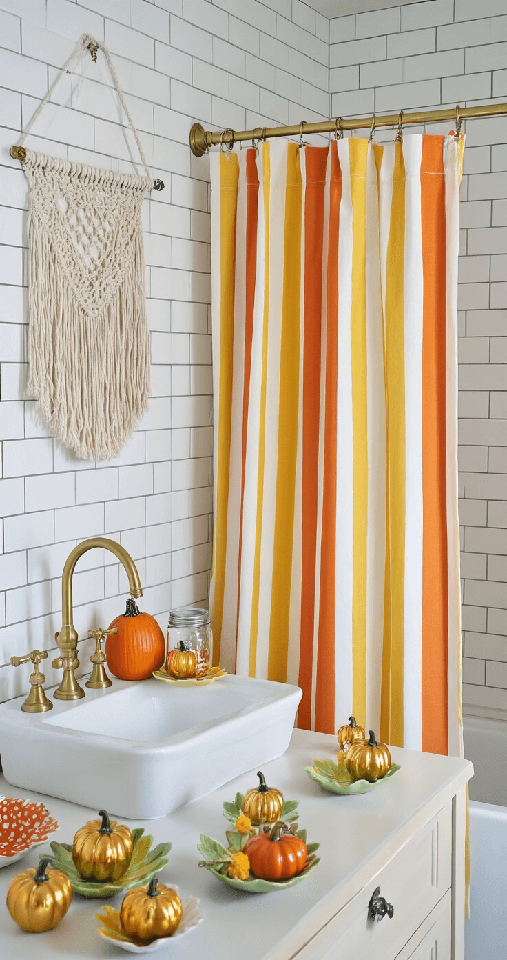 A cheerful kids' bathroom featuring white subway tiles, an orange and yellow striped shower curtain, brass fixtures, playful ceramic leaf dishes on the vanity, and a clear glass jar filled with mini golden pumpkins, all highlighted by a macramé wall hanging, captured in bright, even lighting.