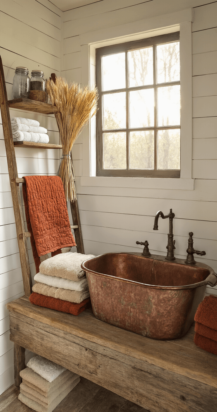 Rustic farmhouse bathroom with shiplap walls and a vintage copper sink, featuring a distressed wooden ladder with quilted towels, mason jars with dried wheat and oak branches, and reclaimed wood shelves, all illuminated by dramatic sunset backlighting.