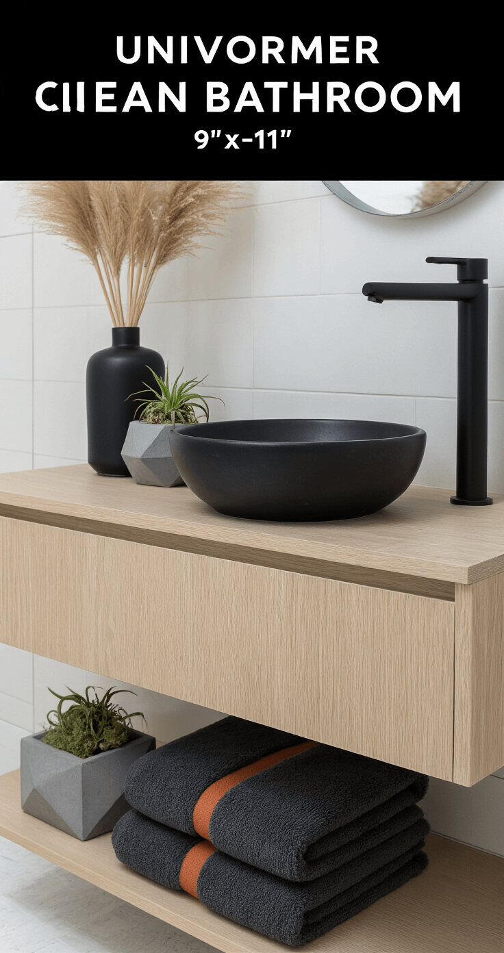 A minimal urban bathroom featuring a sleek bleached oak floating vanity with matte black fixtures, arranged in thirds with a black ceramic vessel of dried pampas grass, a geometric concrete planter with air plants, and a stack of charcoal towels with a rust accent stripe, captured from a low angle to emphasize clean lines in crisp natural light.