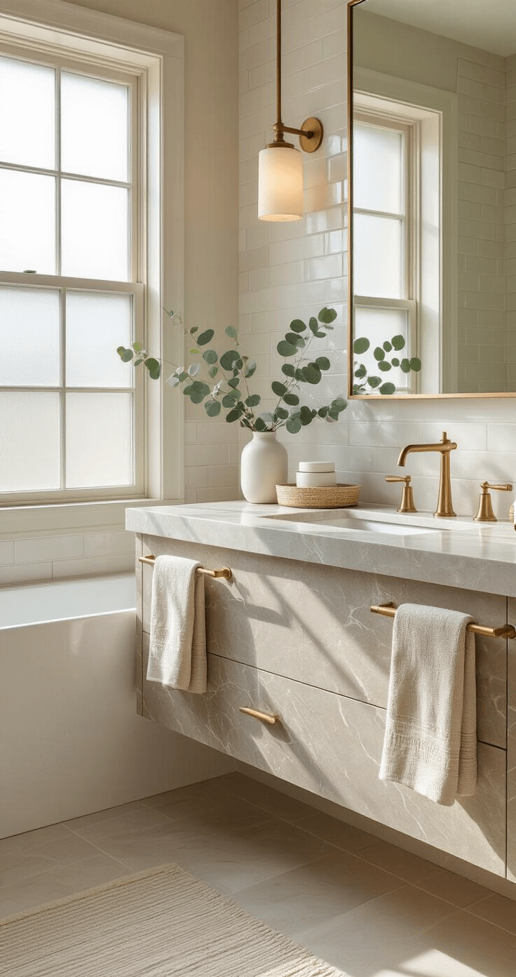 Neutral Bathroom Decor: Creating a Timeless & Serene Sanctuary Photorealistic wide-angle shot of a serene, neutral bathroom featuring a sleek stone vanity with waterfall edges in warm gray marble, illuminated by morning light through frosted glass windows, highlighting cream-colored subway tiles, a floating vanity with brushed brass hardware, white ceramic vessels with eucalyptus stems, and textured linen hand towels in oatmeal on gold towel bars, all in a palette of creamy whites, soft beiges, and charcoal grays.