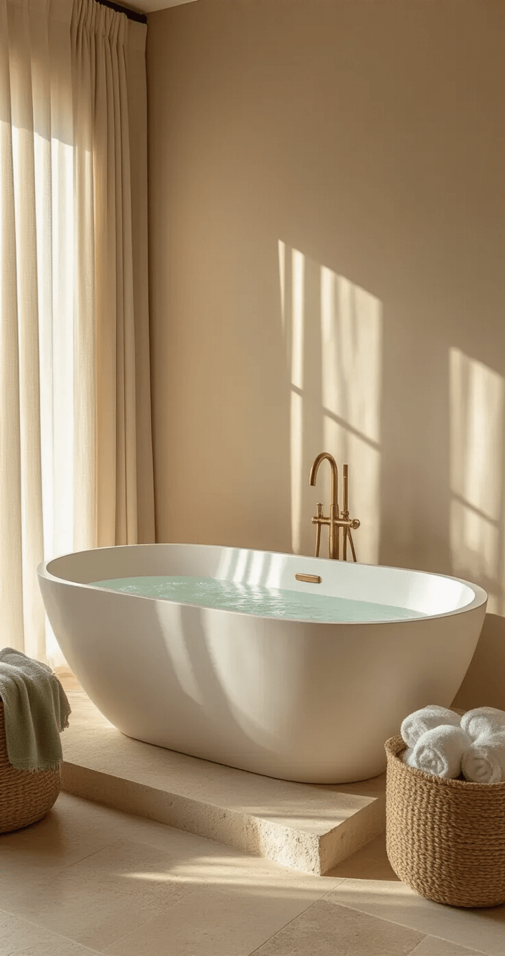 Neutral Bathroom Decor: Creating a Timeless & Serene Sanctuary Luxurious neutral bathroom featuring a freestanding matte white bathtub centered on a textured stone platform, with warm amber light filtering through sheer curtains, travertine floor tiles, a gleaming brass tub filler, and sage and cream rolled towels, all evoking a tranquil, resort-like atmosphere.