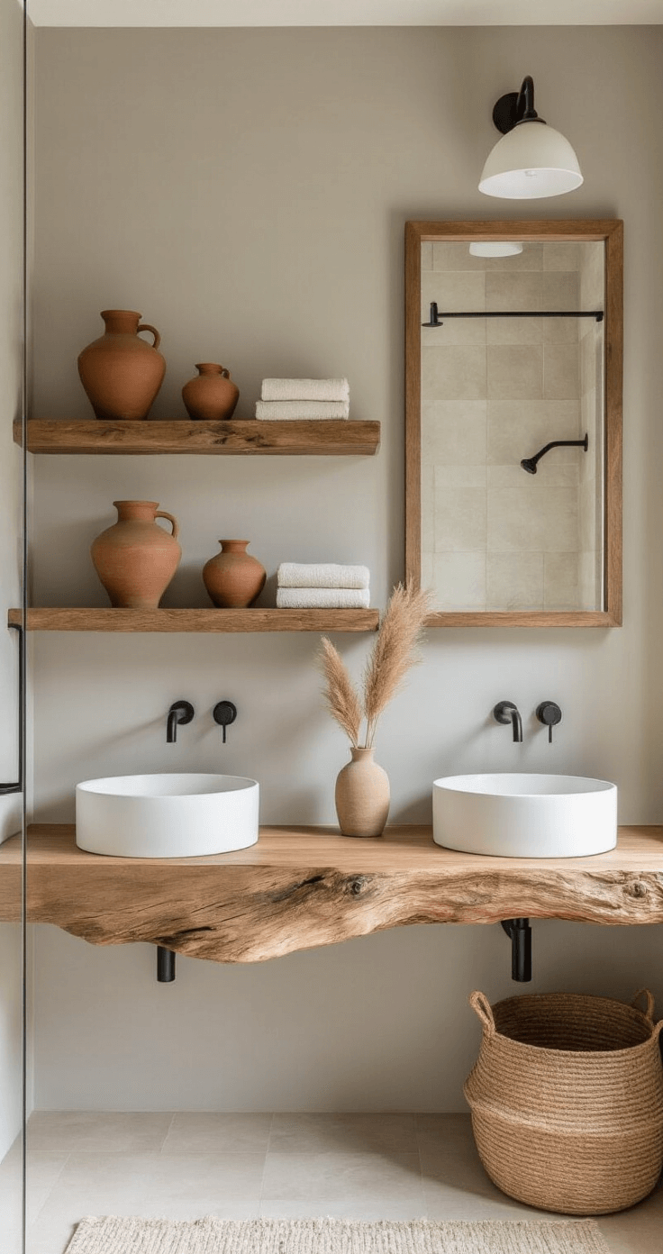 Neutral Bathroom Decor: Creating a Timeless & Serene Sanctuary A serene bathroom featuring wooden accents, including reclaimed teak floating shelves and a live-edge wood vanity countertop, paired with white vessel sinks and matte black fixtures. The dove gray walls and warm gray, honey wood, and cream tones create a soothing atmosphere, enhanced by terracotta pottery and dried pampas grass. Textural contrasts include rough-hewn wood, smooth stone tiles, and natural beige linen shower curtains, all illuminated by soft afternoon light.