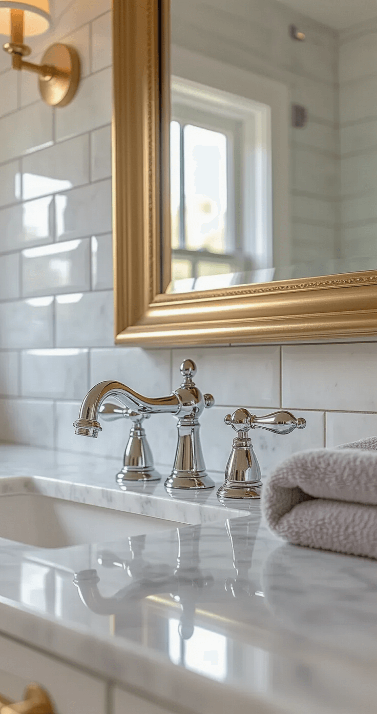 Neutral Bathroom Decor: Creating a Timeless & Serene Sanctuary Close-up view of a refined neutral bathroom featuring gleaming chrome fixtures, warm brass cabinet hardware, and Carrara marble subway tiles, illuminated by morning light. A brass-framed mirror above a white shaker-style vanity complements the scene, showcasing smooth marble veining, brushed metal finishes, and soft pearl gray cotton towels. The image captures the interplay of metallic finishes and a sophisticated, layered atmosphere.