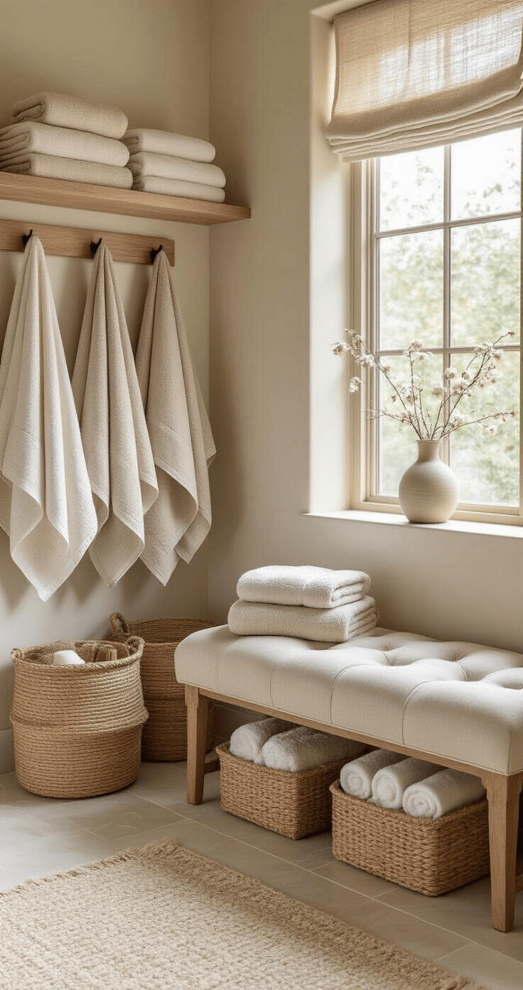 Neutral Bathroom Decor: Creating a Timeless & Serene Sanctuary A cozy neutral bathroom featuring plush textiles and woven elements, with oversized towels hanging from a wooden ladder shelf, jute baskets on floating shelves, and a tufted linen bench beneath a window, all illuminated by soft evening light.