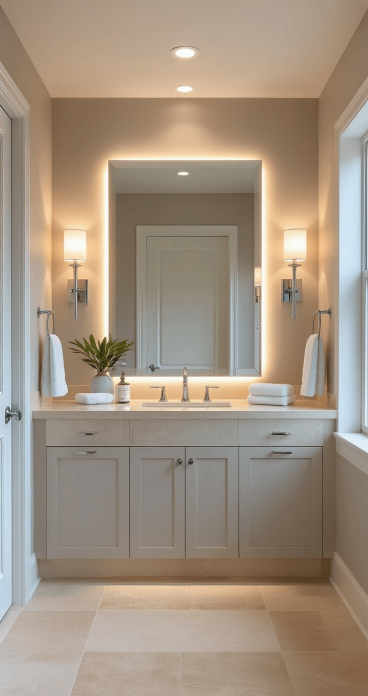 Neutral Bathroom Decor: Creating a Timeless & Serene Sanctuary A serene bathroom interior showcasing balanced lighting from recessed lights, sconces, and natural light; features warm beige limestone tiles, a backlit mirror, chrome fixtures, and a soft gray color palette, creating a spa-like atmosphere.