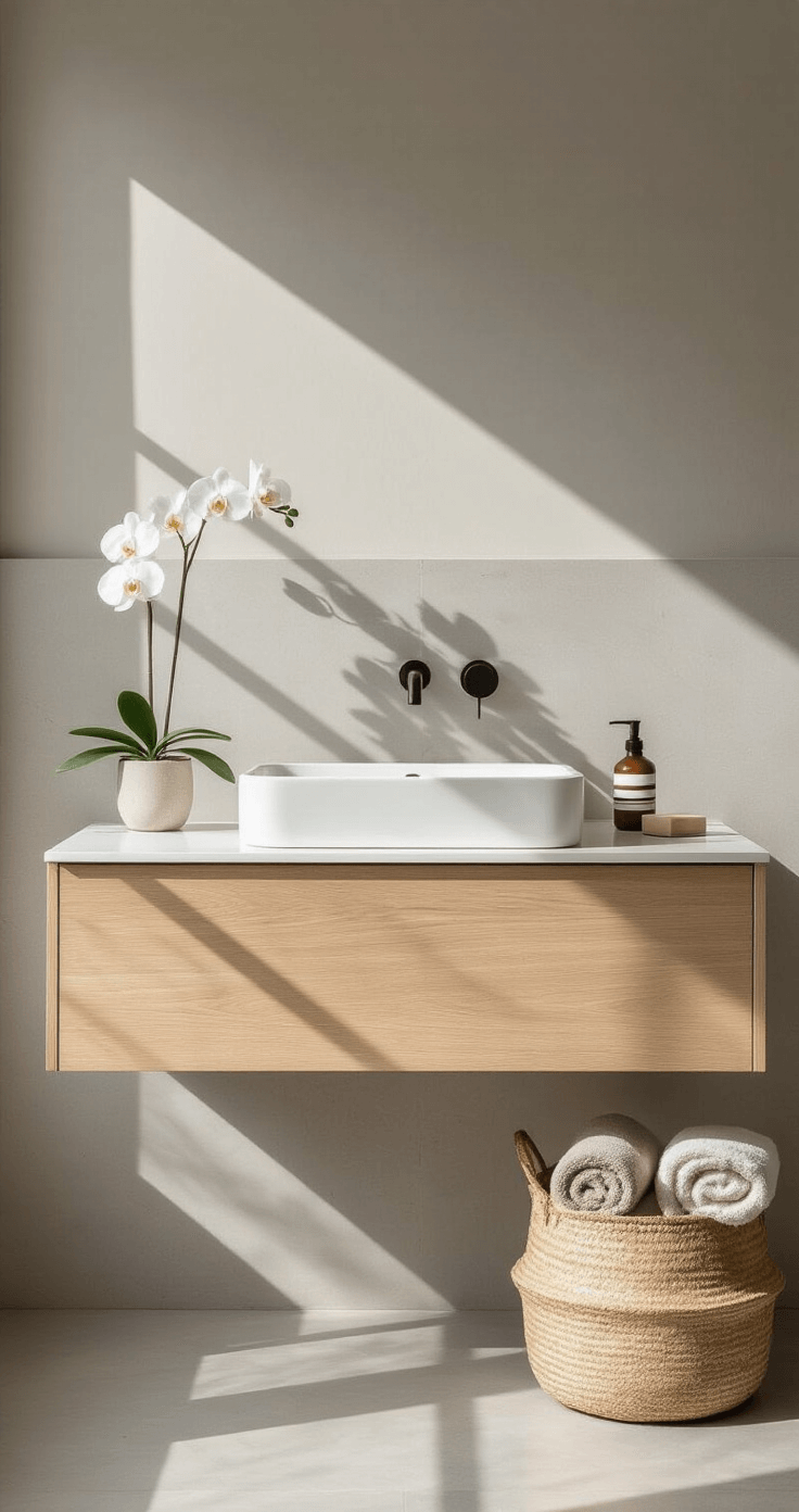 Neutral Bathroom Decor: Creating a Timeless & Serene Sanctuary Minimalist bathroom with floating oak vanity, gray walls, and geometric shadows on concrete-look tiles, featuring a single orchid, rolled towels, and a sleek soap dispenser in a serene, uncluttered setting.