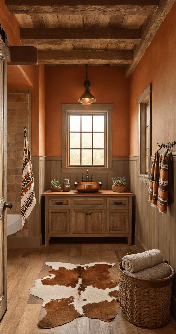 Photorealistic Western bathroom featuring terracotta walls, weathered wood accents, rustic vanity with copper vessel sink, and natural lighting casting warm shadows.