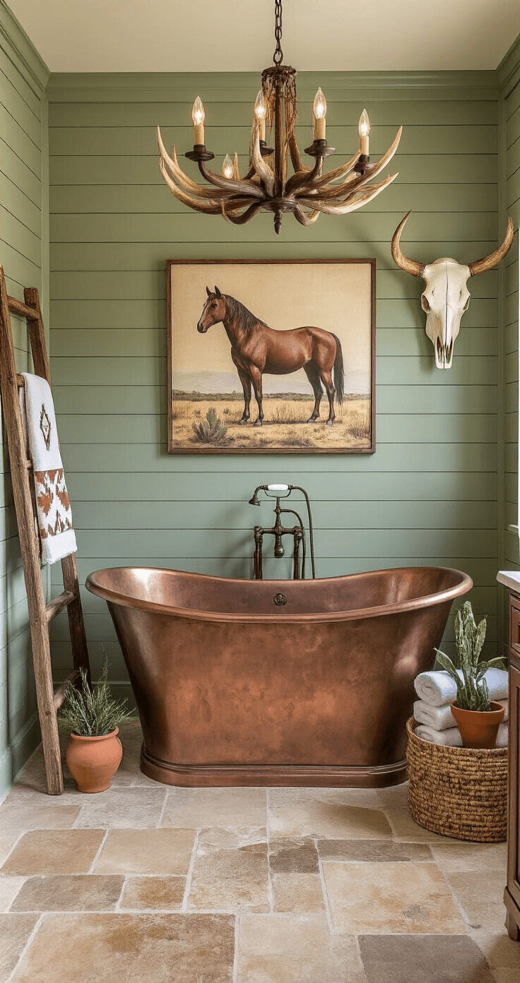 Spacious Western bathroom with stone tile flooring and sage green shiplap walls, featuring a vintage horse artwork above a freestanding copper bathtub, an antler chandelier, weathered wooden ladder with patterned towels, a cow skull, terracotta planters, and bronze fixtures.