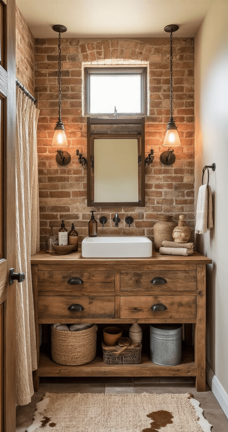 Cozy Western bathroom with exposed brick wall, reclaimed wood vanity, hand-forged iron mirror, and earthy textiles, illuminated by warm afternoon light.