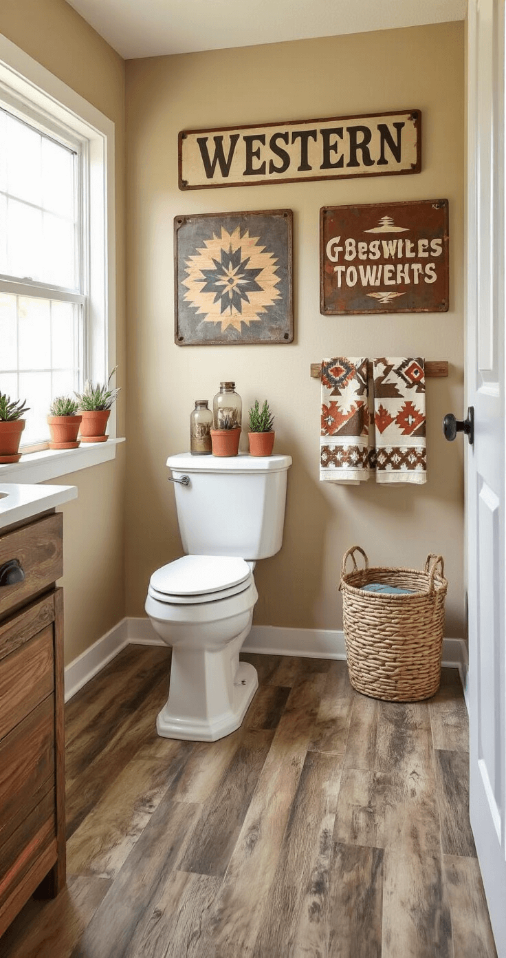 Budget-friendly Western bathroom transformation featuring painted beige walls, weathered wood vinyl plank flooring, DIY decor elements, vintage metal signs as a gallery wall, Southwestern print towels, terracotta pots with succulents, a woven basket for storage, mason jar soap dispensers, and repurposed wooden crate shelving, all illuminated by bright natural light.