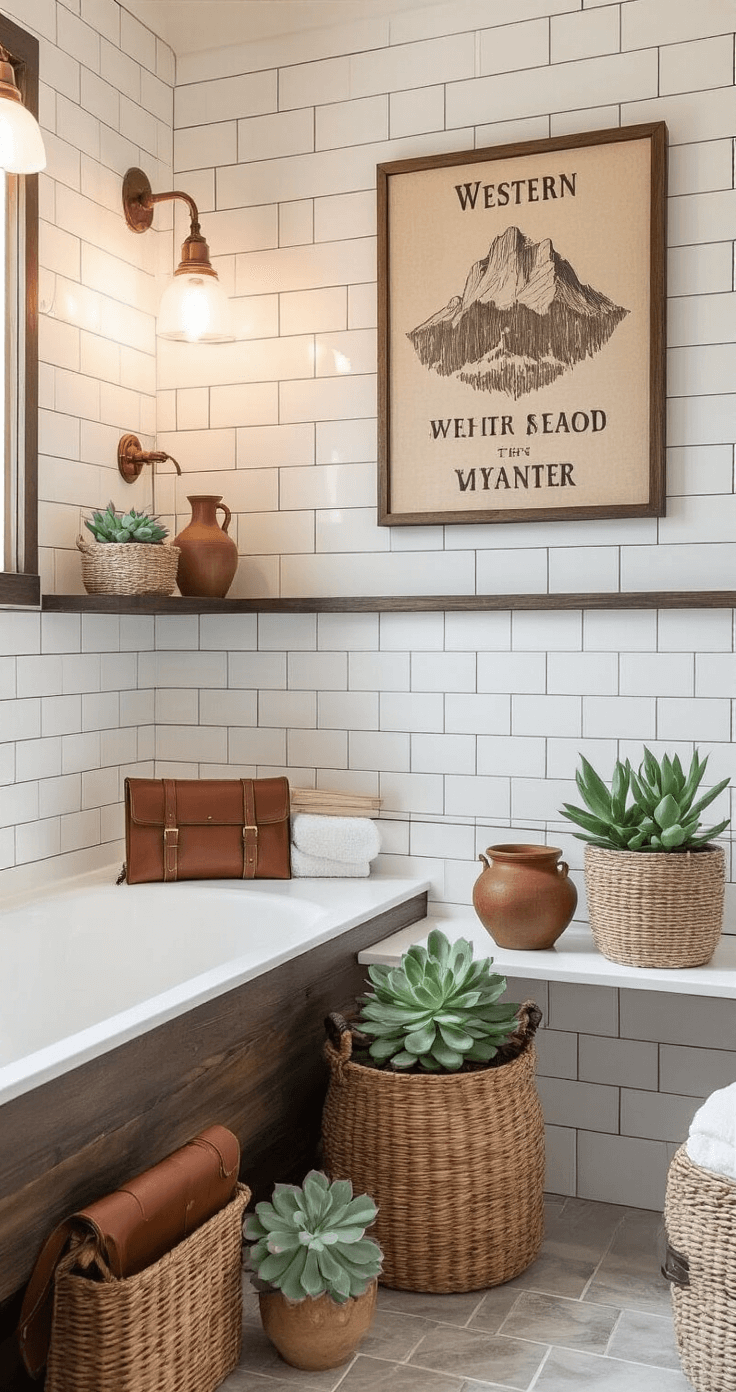 Professional Western-style bathroom with white subway tiles and dark wood accents, featuring layered textures of leather, pottery, and woven baskets, enhanced by warm LED lighting and balanced composition of vintage artwork and succulents.