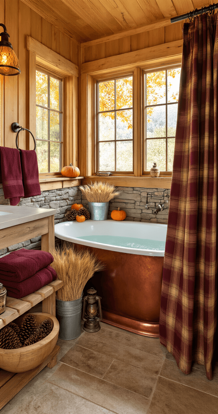 A cozy Western bathroom adapted for autumn, featuring warm wood paneling, stone accents, and golden light through an amber glass window. Decor includes deep burgundy towels, pinecone arrangements in wooden bowls, and a copper bathtub surrounded by fall foliage in galvanized buckets. A plaid flannel shower curtain adds texture, while vintage lanterns illuminate reclaimed wood shelving adorned with dried wheat bundles and small pumpkins. High-angle view showcases seasonal elements blended with Western design.