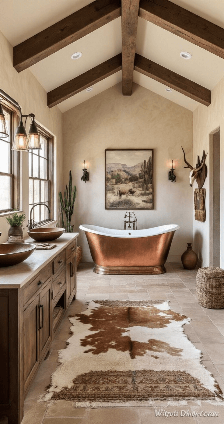 Spacious master bathroom with vaulted ceilings, exposed timber framing, copper clawfoot tub, rustic double vanity, curated Western art, cowhide rugs, woven textiles, leather accents, and authentic accessories, showcasing a harmonious design transformation.