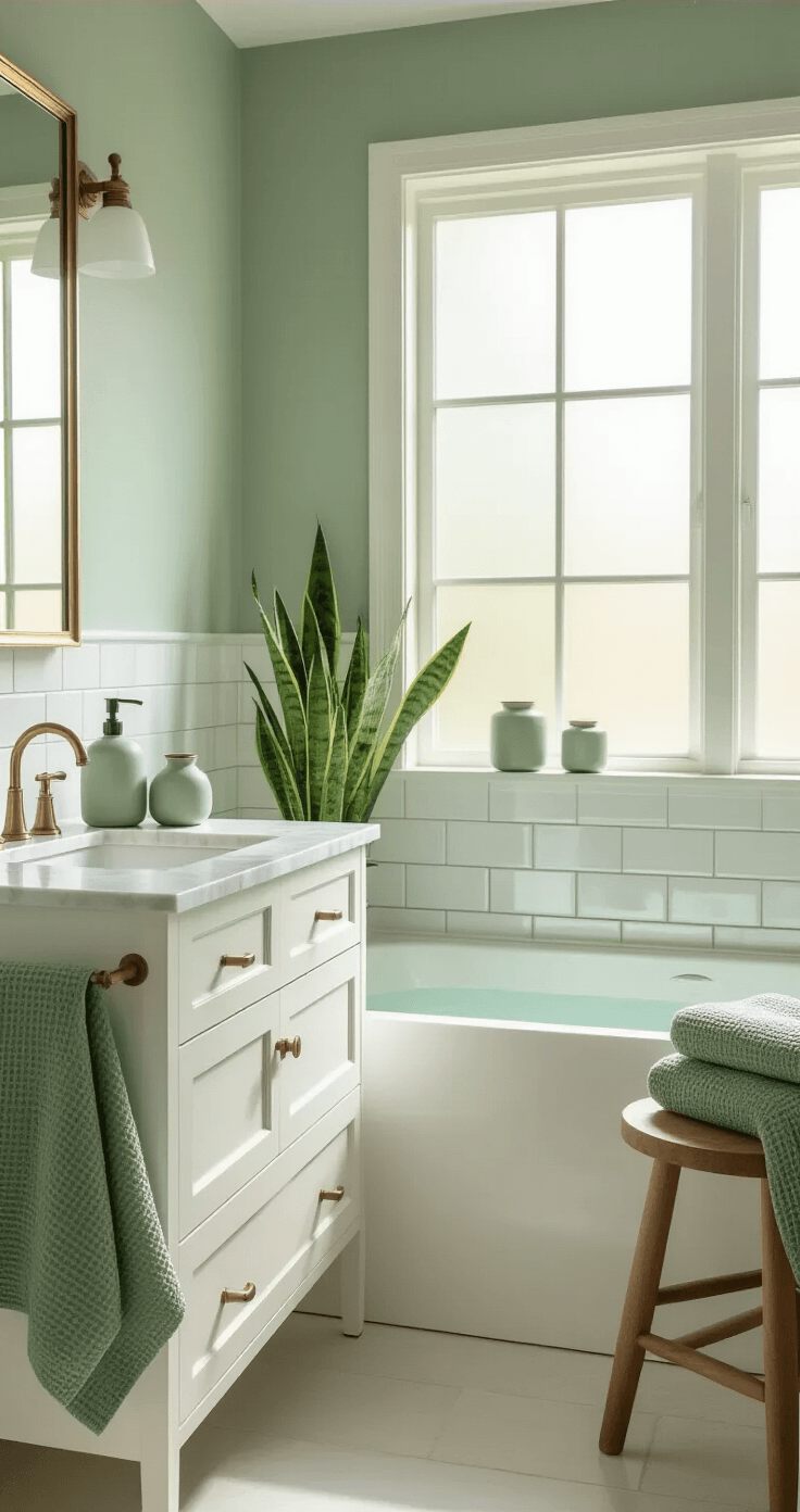 Transforming Your Bathroom with Stunning Green Decor: A Comprehensive Guide Photorealistic medium-sized bathroom interior in soft sage green, featuring morning sunlight, white subway tiles with sage grout, a floating white vanity with a marble countertop, fluffy sage towels, a potted snake plant, and whisper-soft sage walls, creating a serene, spa-like atmosphere.