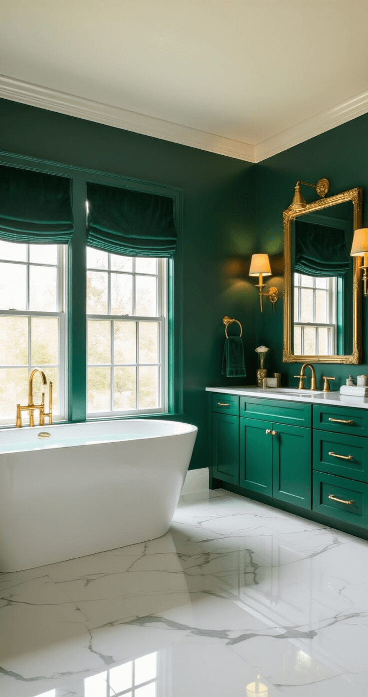 Transforming Your Bathroom with Stunning Green Decor: A Comprehensive Guide Luxurious bathroom featuring a freestanding white bathtub against a bold emerald green accent wall, warm brass sconces illuminating the space, white marble floors, vintage brass fixtures, deep green cabinetry, emerald velvet window treatments, and a gold-framed mirror above a double vanity, creating an opulent atmosphere.