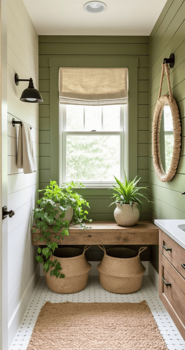 Transforming Your Bathroom with Stunning Green Decor: A Comprehensive Guide Cozy powder room with olive green shiplap wall, afternoon light filtering through linen shade, reclaimed wood shelf with pothos plants, matte black fixtures, woven jute rug on white penny tile, and brass mirror with rope detail.
