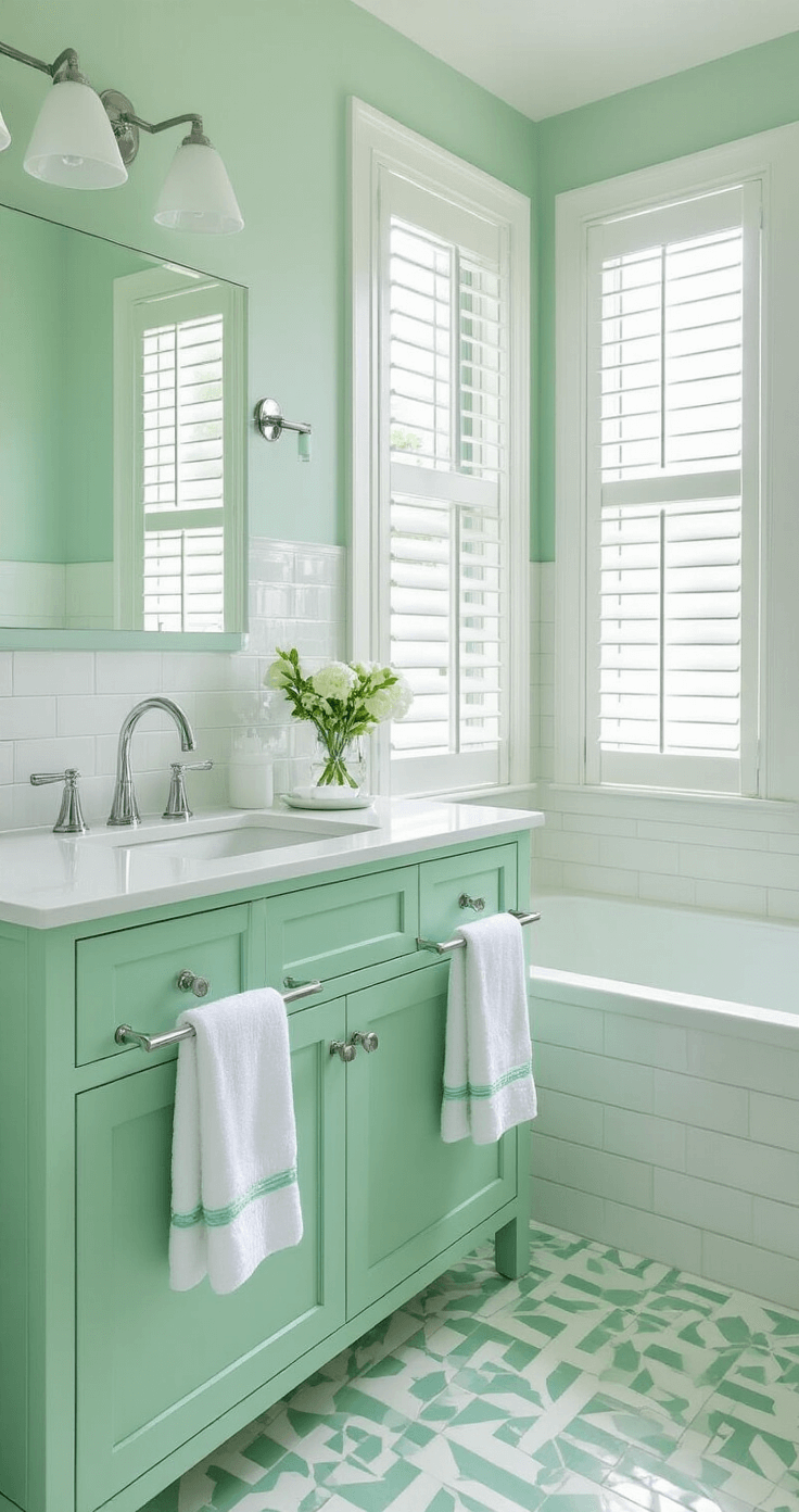 Transforming Your Bathroom with Stunning Green Decor: A Comprehensive Guide Fresh mint green and white bathroom interior with bright morning light, featuring a mint green vanity, white subway tiles, geometric floor tiles, chrome fixtures, and fluffy white towels with mint trim.