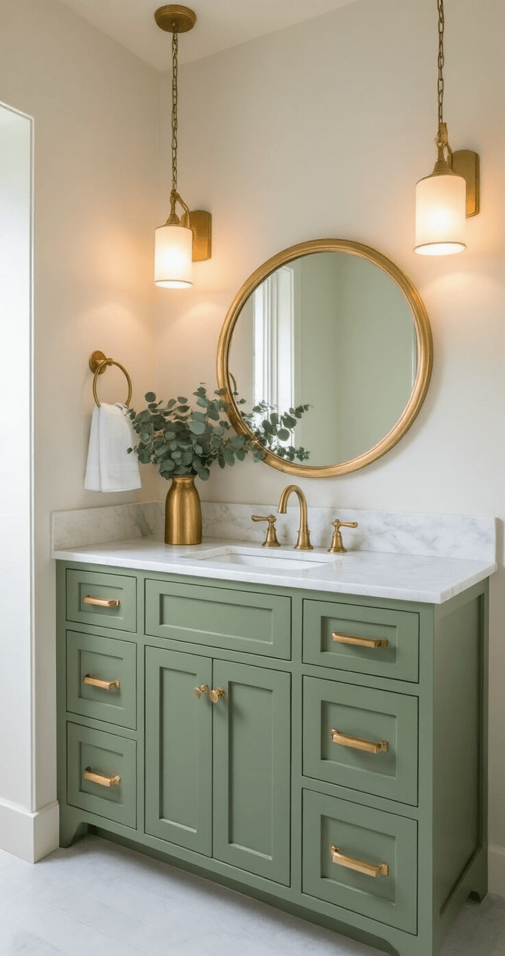 Transforming Your Bathroom with Stunning Green Decor: A Comprehensive Guide Sophisticated bathroom with sage green vanity and warm gold accents, featuring a brass faucet, round mirror, and white marble backsplash, illuminated by soft pendant lighting and complemented by fresh eucalyptus in a brass vase.