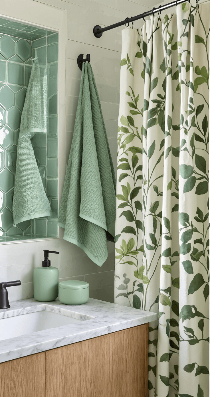 Transforming Your Bathroom with Stunning Green Decor: A Comprehensive Guide Textured bathroom featuring various green tones and materials, with sage towels, mint tiles, forest green soap dispensers, a botanical shower curtain, matte sage accessories, and a wood vanity, all illuminated by natural light from a diagonal angle.