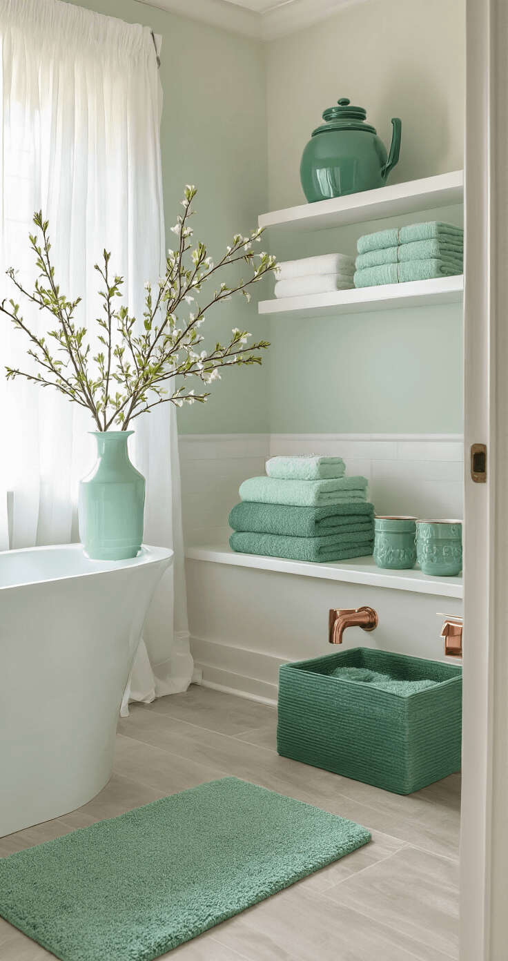 Transforming Your Bathroom with Stunning Green Decor: A Comprehensive Guide A beautifully styled bathroom transitions from light spring mint to deep autumn emerald tones, highlighted by soft afternoon light. Light mint accessories on floating shelves gradually shift to richer emerald towels and bath mat, while copper accents add warm metallic touches. Fresh spring branches in a mint vase contrast with deeper emerald ceramic pieces against white walls and fixtures, creating a cohesive and fresh atmosphere year-round.