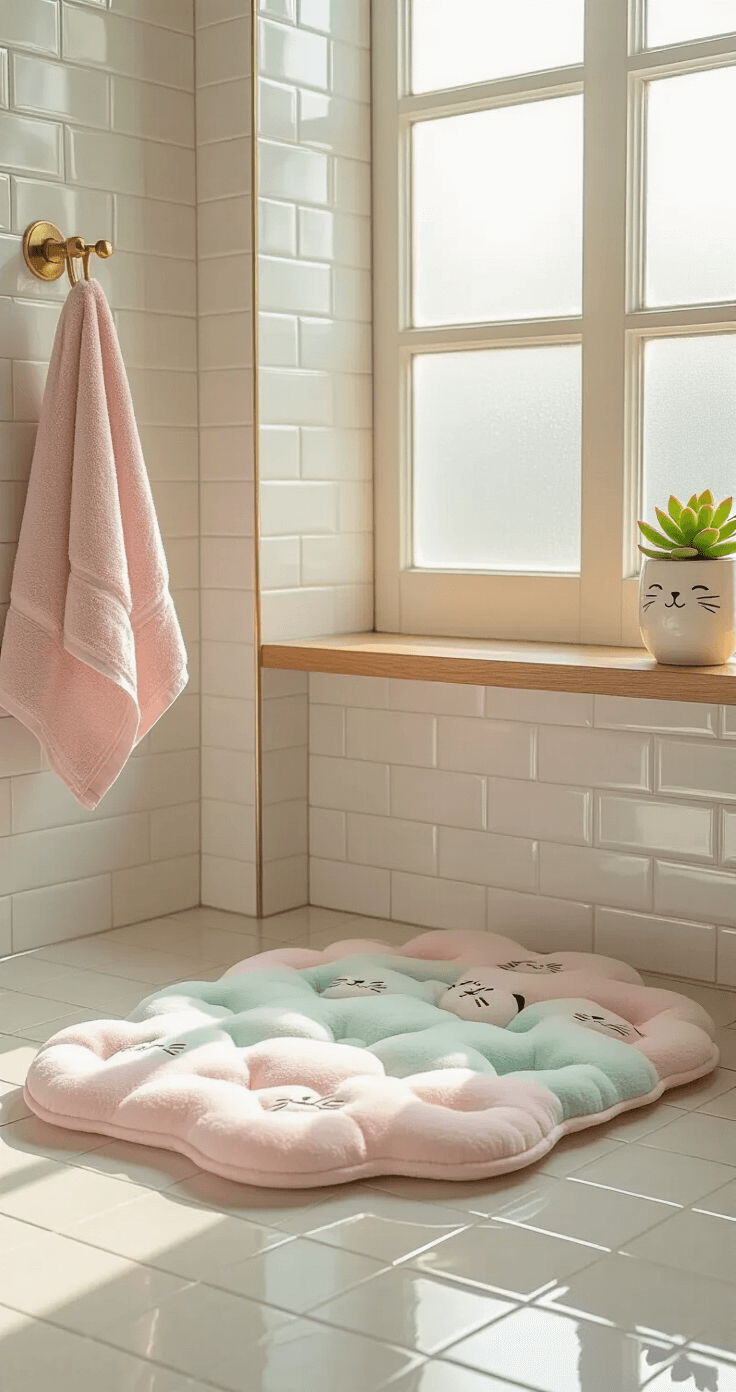 Medium shot of a cozy bathroom featuring a pastel pink and mint green tufted bath mat with kawaii cat designs, illuminated by morning light through a frosted glass window. White subway tiles and light oak shelves complement the warm white ceramic floor, while blush pink towels hang on brass hooks and a whimsical succulent in a cat planter adds charm.