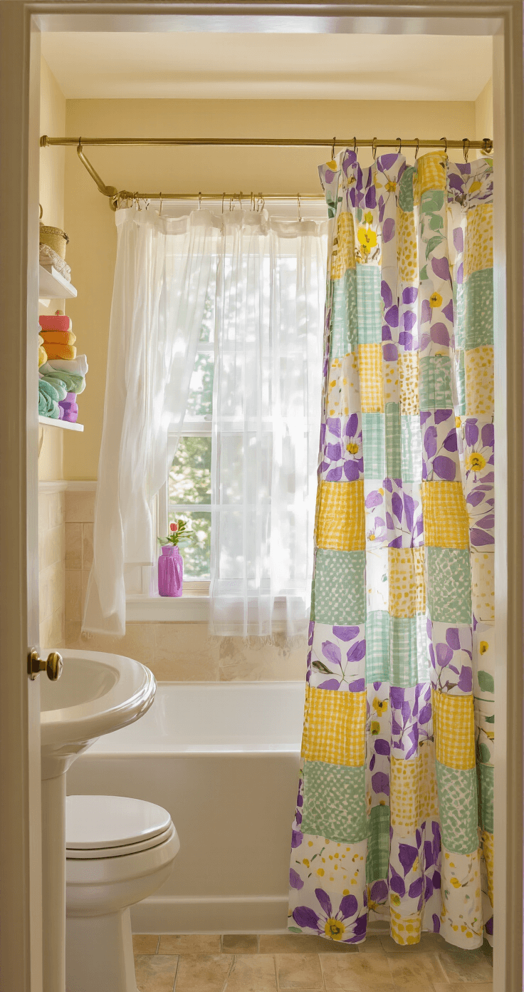 Wide angle interior shot of a compact bathroom featuring a vibrant patchwork shower curtain with hand-drawn florals in lavender, sunny yellow, and mint green against cream fabric. Soft afternoon light illuminates the space, highlighting white porcelain fixtures and warm beige walls, while a vintage brass curtain rod adds elegance. Colorful bath accessories are visible on corner shelves.