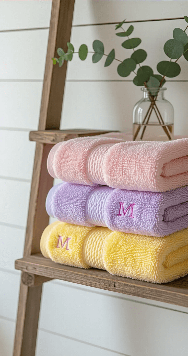 Close-up of fluffy, monogrammed hand towels in blush pink, lavender, and sunny yellow artfully arranged on a rustic wooden ladder shelf, with soft morning light creating shadows on the textured terry cloth, complemented by a small glass vase of eucalyptus against white shiplap walls.