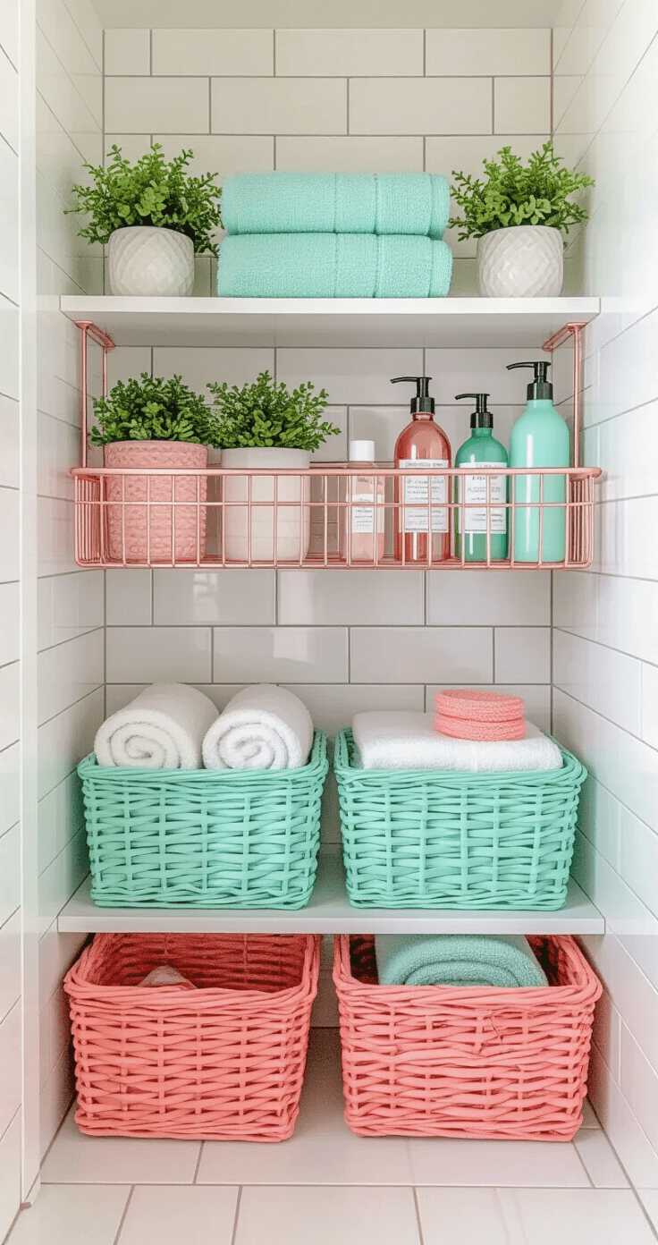 Whimsical shower nook featuring colorful woven baskets and an acrylic caddy, illuminated by natural light, with organized accessories, ceramic pots, and a playful color palette.