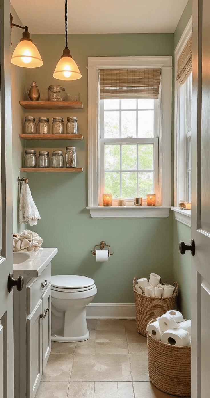 Atmospheric wide shot of a compact budget-friendly bathroom transformation with a sage green accent wall, DIY floating shelves with mason jar organizers, origami-style toilet paper, and mismatched vintage candle holders, all illuminated by warm pendant lighting.