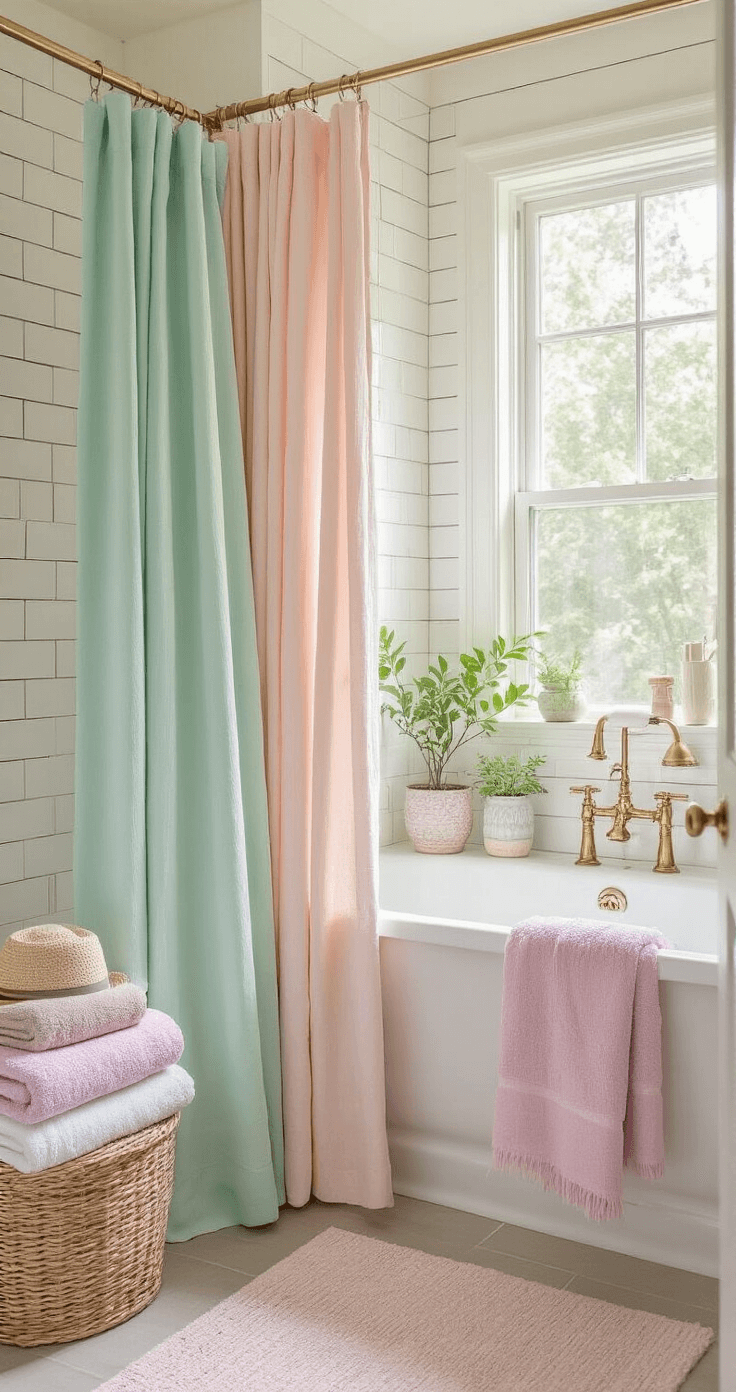 Bright, airy bathroom with blush pink, mint green, and lavender accents, illuminated by morning sunlight. Features white fixtures, subway tiles, brass details, and plants in ceramic pots, creating a harmonious color story.